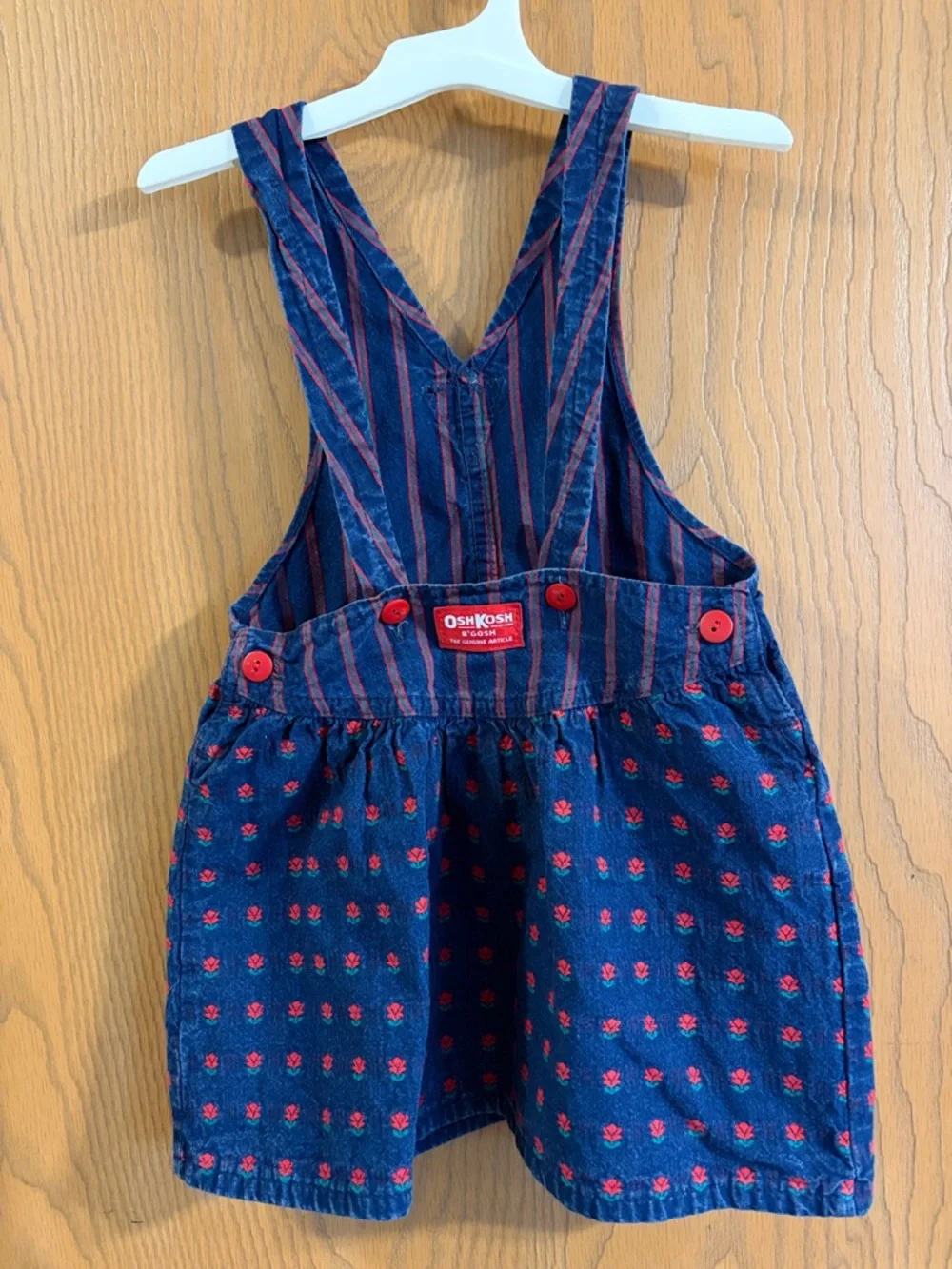 Vintage‎ OshKosh Toddler Girls Blue & Red Flower Striped Pinafore Dress 3T